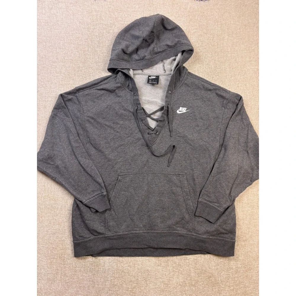 Nike Womens Lace Up Hoodie Charcoal Grey French Terry Pullover XL